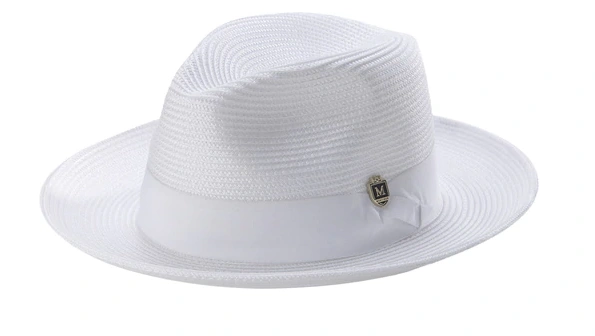 Cappello Fedora intrecciato bianco: fascino senza tempo, nastro grosgrain abbinato.