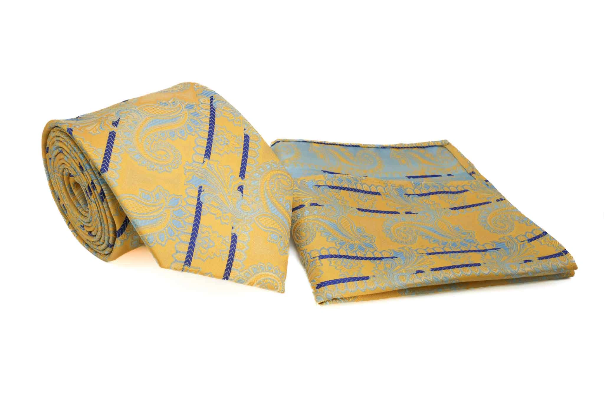 Cravatta Uomo con Fazzoletto Blu Paisley e Righe Gialle: Eleganza Italiana Irresistibile.